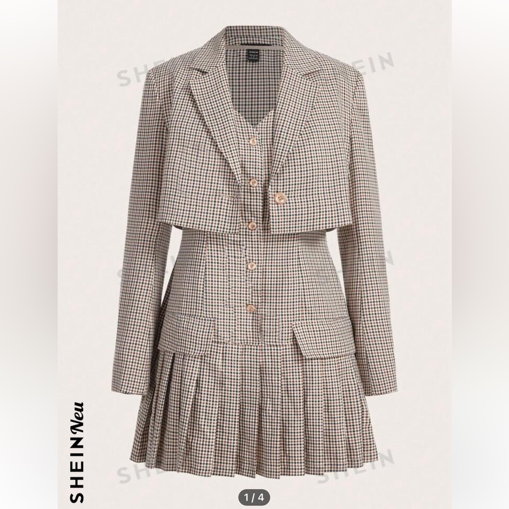 Plaid Print Sleeveless Dress & Single Button Crop Jacket